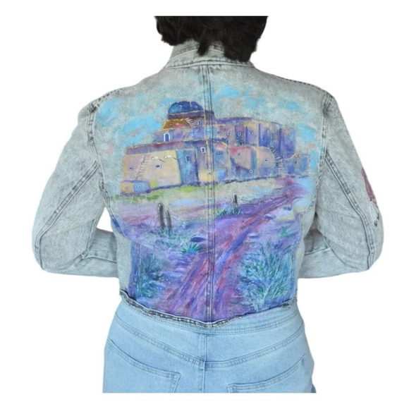 Vintage 90s Bongo Cropped Hand Painted Acid Wash Denim Jacket Women's Medium - Picture 1 of 9